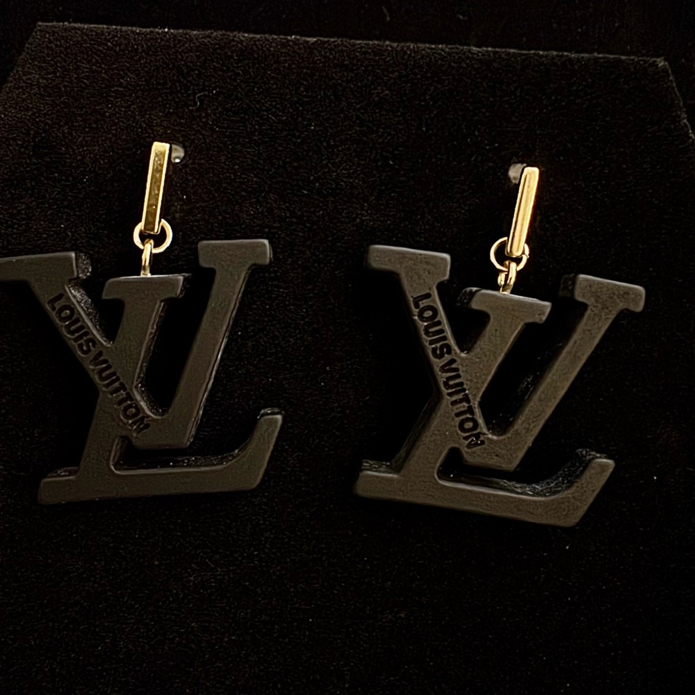 Louis Vuitton Black and Gold Monogram Earrings